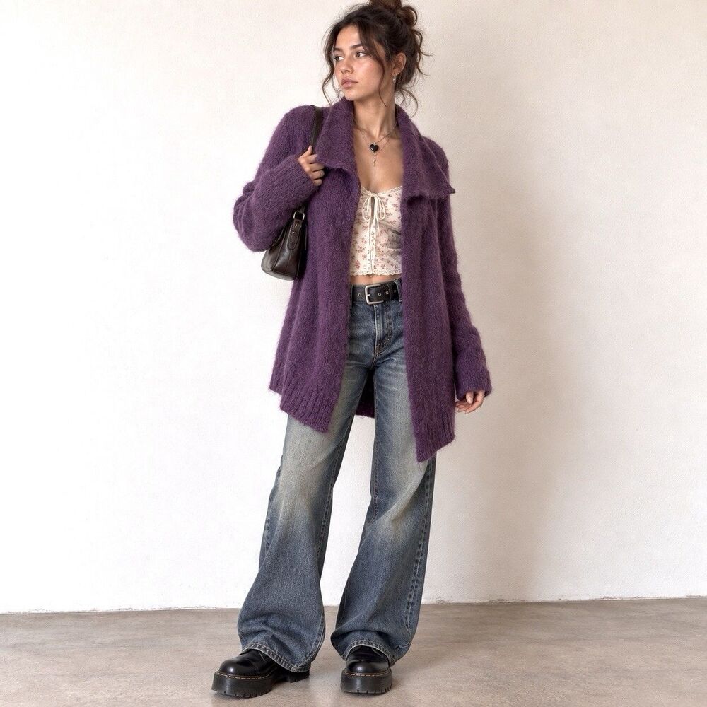 The Kooples Purple Mohair Cardigan Sweater M Italy Made Slouchy Fairy Grunge Y2K